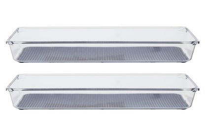 Two clear glass food storage containers with gray interior shelves on a white background