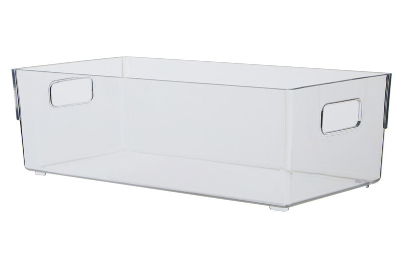 Clear plastic storage bin with handles on a white background