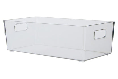 Clear plastic storage bin with handles on a white background