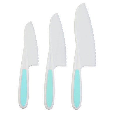 Three knives with white blades and turquoise handles on a white background