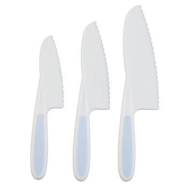 Three knives with white handles and blue accents on a white background