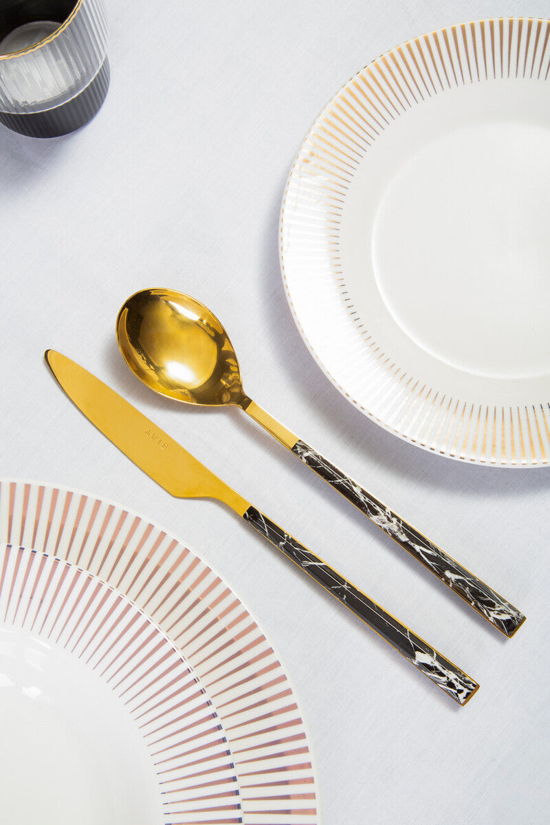 Avie 16 Piece Black Faux Marble Cutlery Set