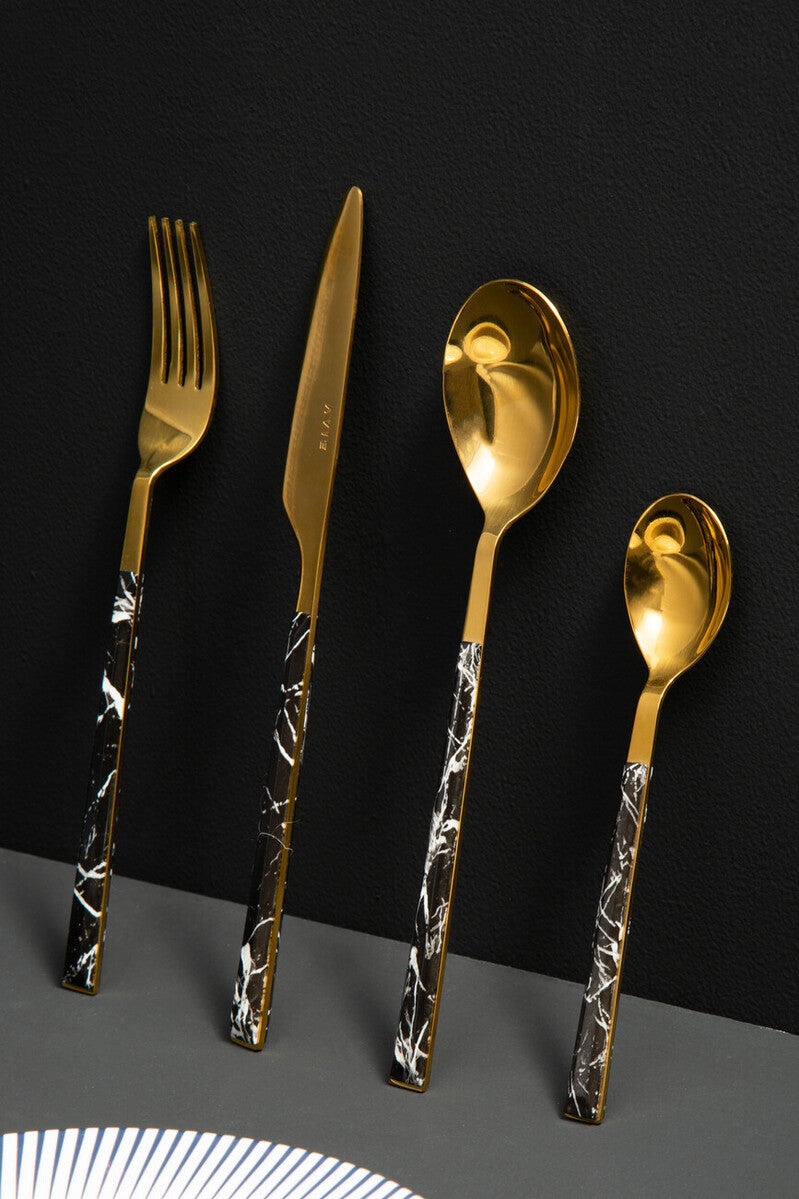 Avie 16 Piece Black Faux Marble Cutlery Set