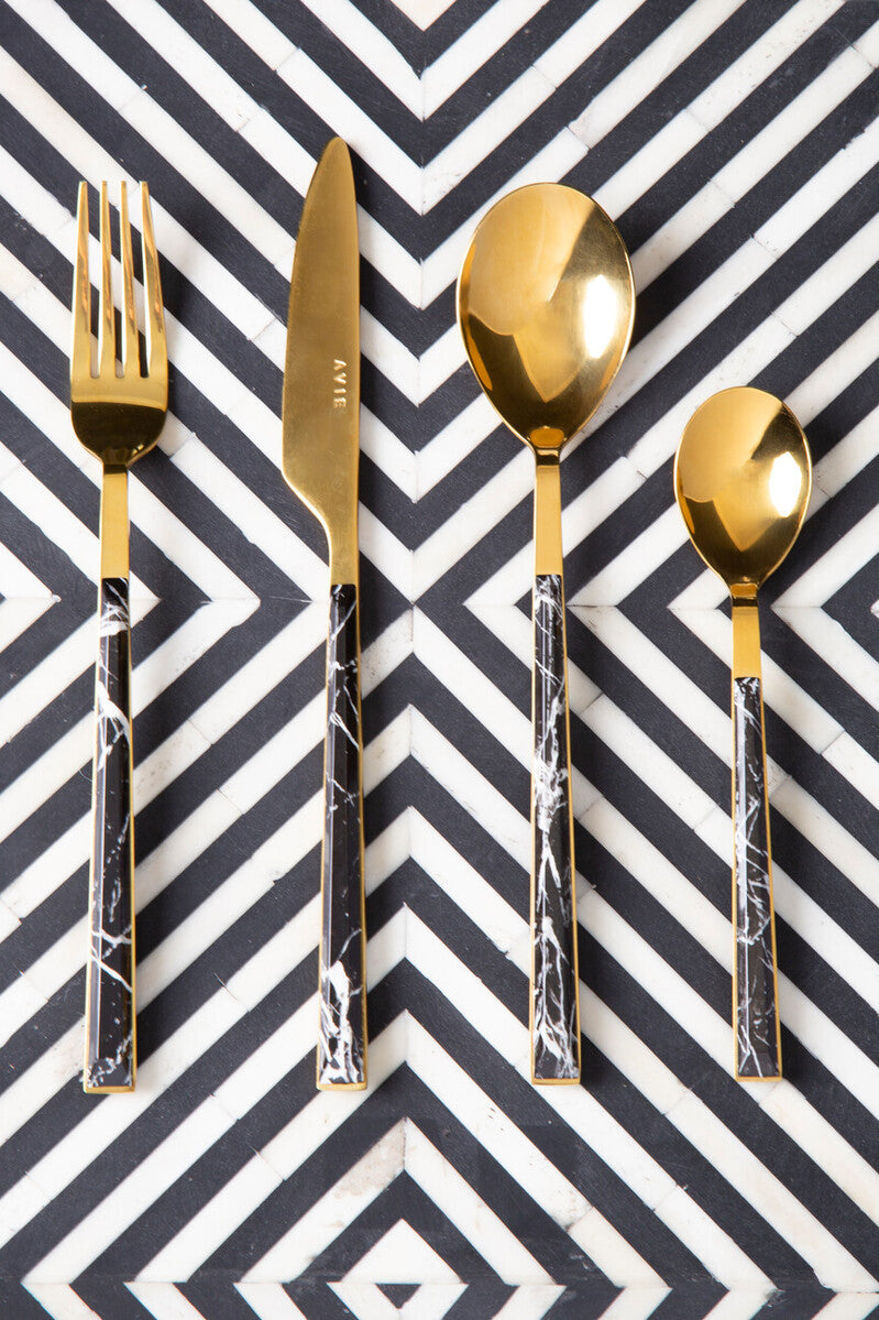 Avie 16 Piece Black Faux Marble Cutlery Set