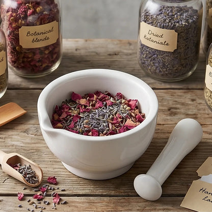 White mortar and pestle with dried botanicals on a wooden surface, surrounded by labeled jars.