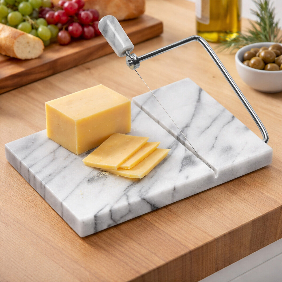Salerno White Marble Cheese Board with Slicer