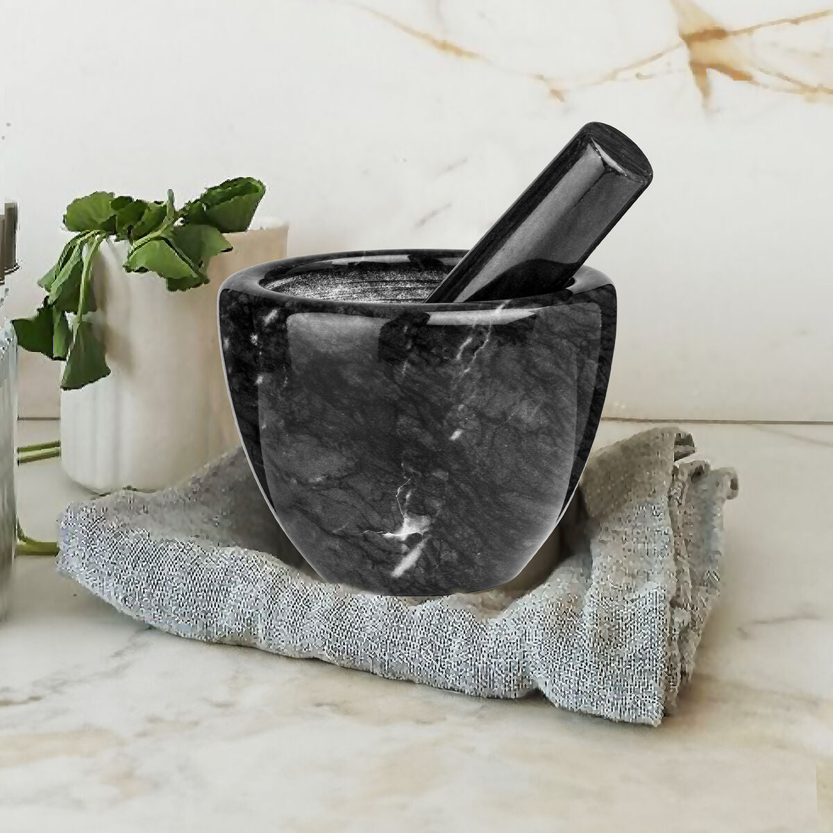 Marmore Black Marble Bowl Shaped Mortar and Pestle Set