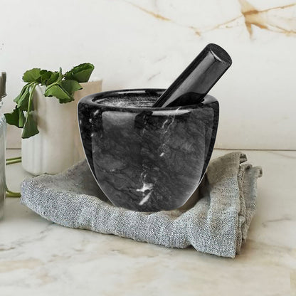 Marmore Black Marble Bowl Shaped Mortar and Pestle Set