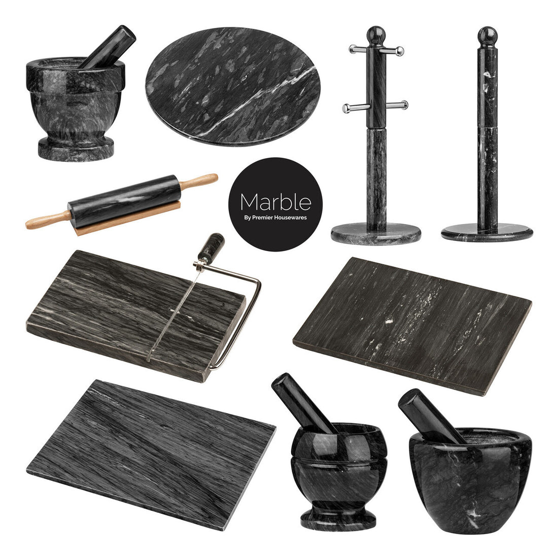 Marmore Black Marble Rolling Pin With Wooden Handles