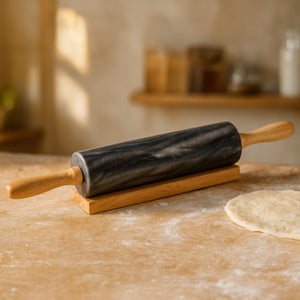 Marmore Black Marble Rolling Pin With Wooden Handles