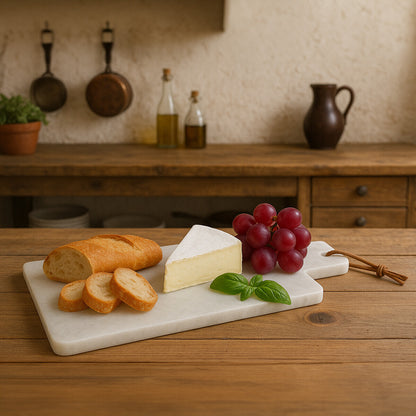 Platter of bread, cheese, and grapes on a wooden table with kitchen background
