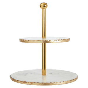 Empire 2 Tier White Marble And Gold Finish Cake Stand