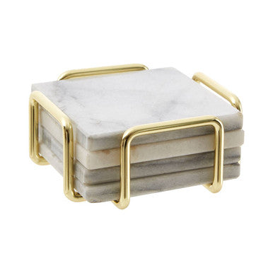 Delphine Set Of 4 White Marble Coasters With Brass Finish Holder
