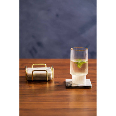 Delphine Set Of 4 White Marble Coasters With Brass Finish Holder