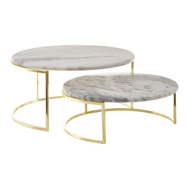Two marble coffee tables with gold metal bases on a white background