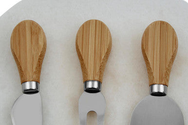 Kindia White Marble Triangular Cheese Board with 3 Knives