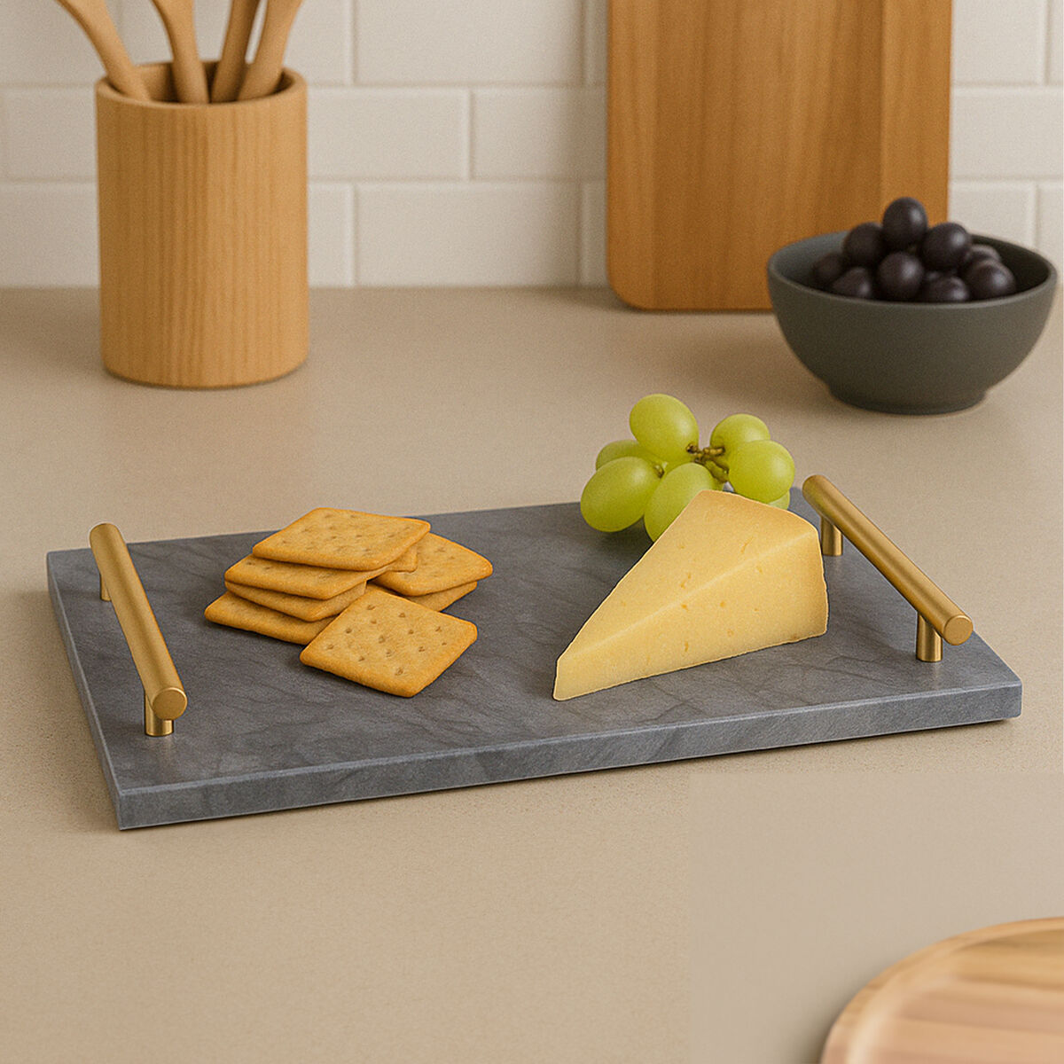 Cheese platter with crackers and grapes on a kitchen counter