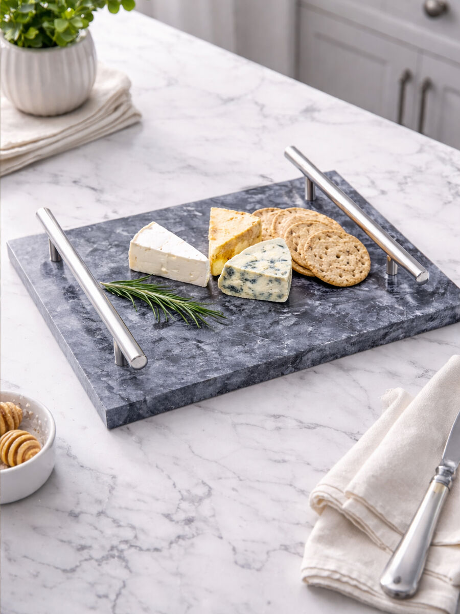 Marmore Black Marble Serving Board With Silver Handles