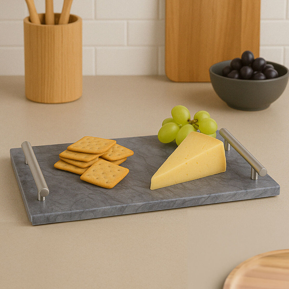 Marmore Black Marble Serving Board With Silver Handles