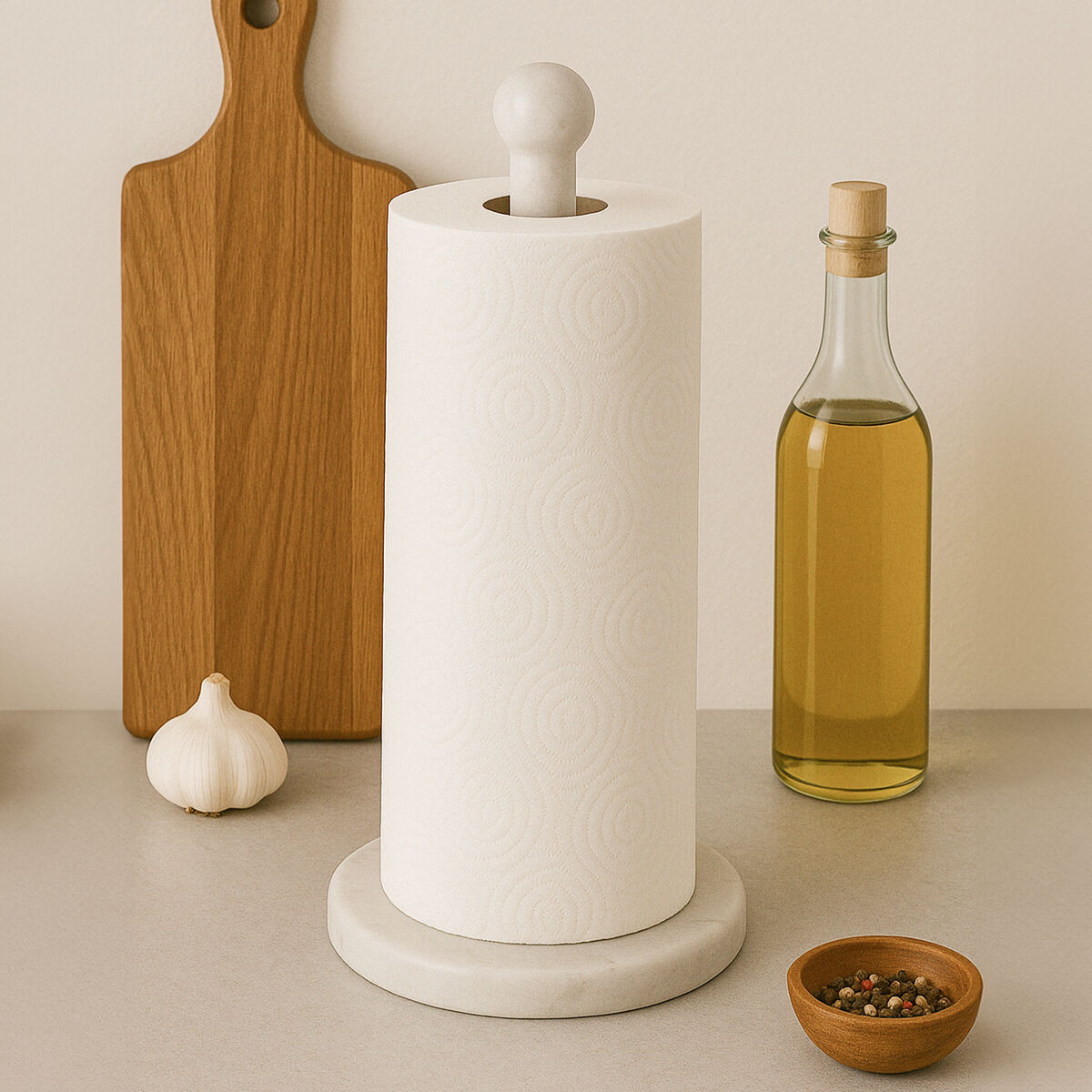 White paper towel holder on a beige surface with a wooden cutting board, garlic, and a bottle of oil in the background.