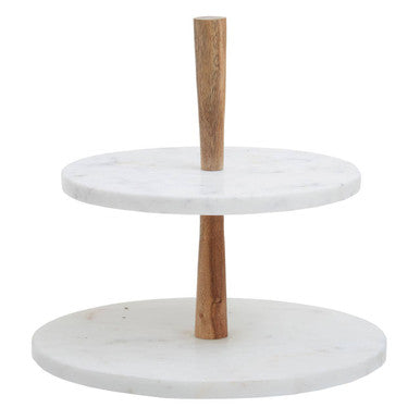 Monzaro Two Tier Marble and Acacia Wood cake stand