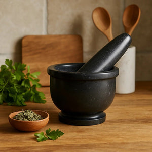 Black Marble Mortar and Pestle with Rim | Marmore