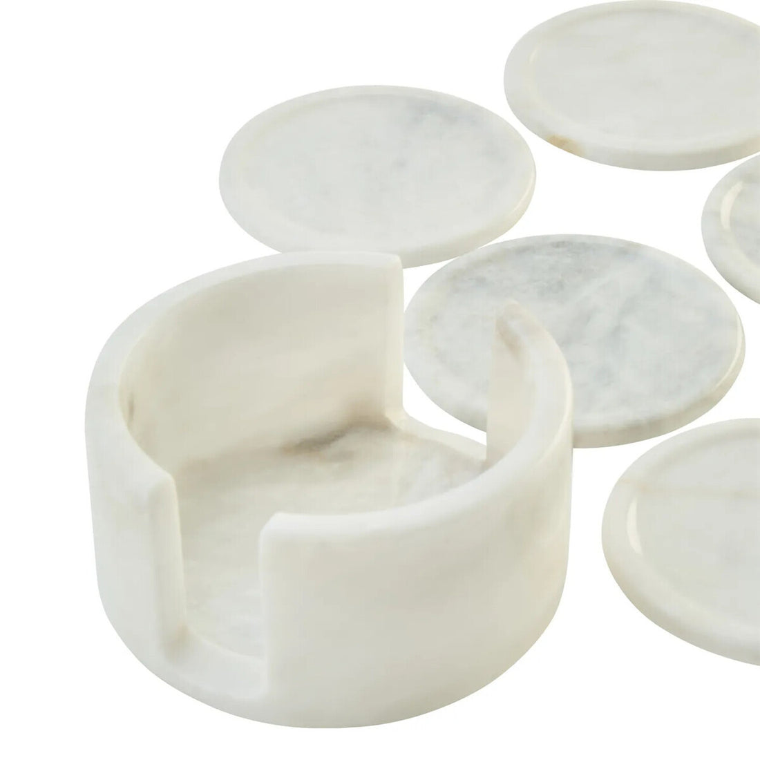 Kindia White Marble Set Of Six Round Coasters with Holder