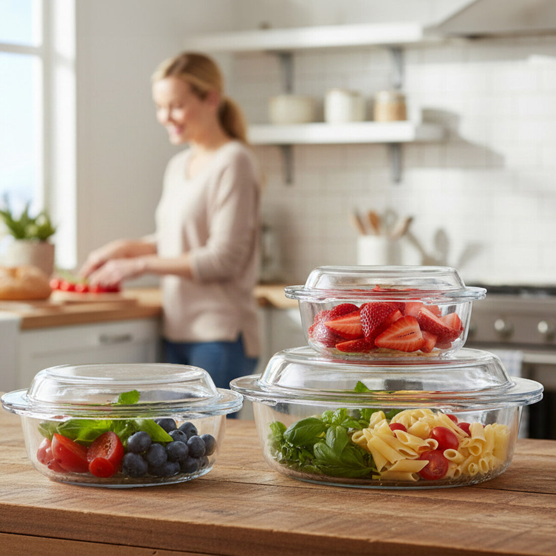 Clear glass food containers with food on a kitchen counter, woman in the background.