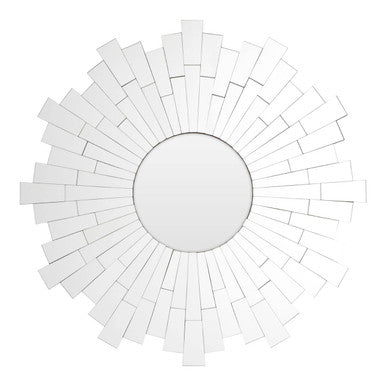 Round mirror with a sunburst design of white rectangular tiles on a white background
