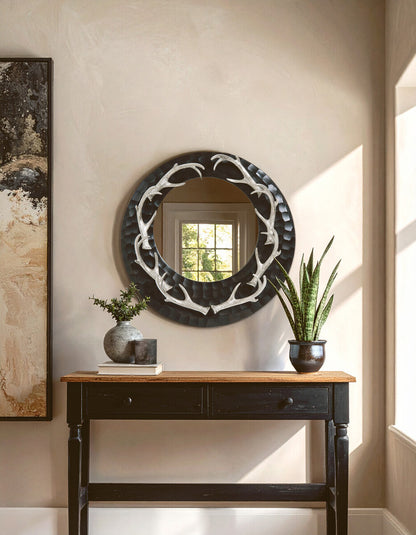 Antler Brown and Nickel Metal Wall Mirror with Eight Antler Frame