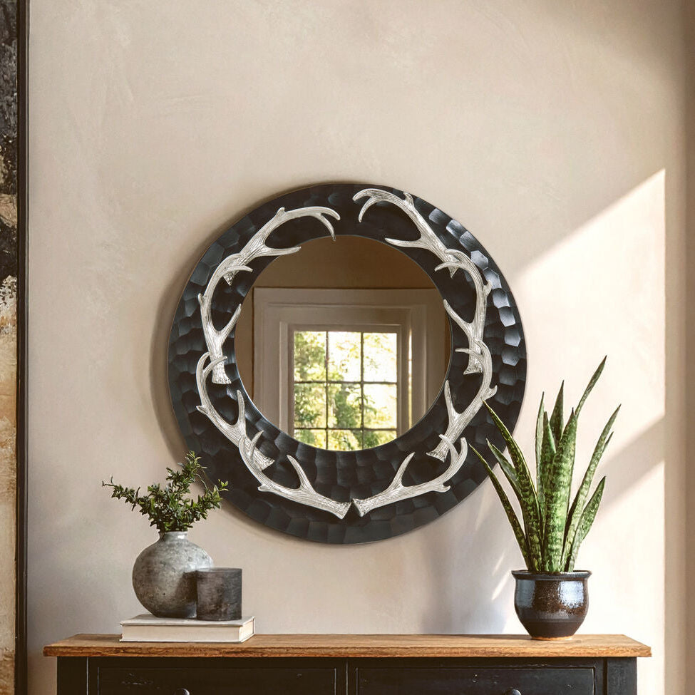 Antler Brown and Nickel Metal Wall Mirror with Eight Antler Frame