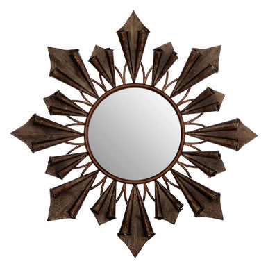 Decorative wall mirror with a sunburst design on a white background