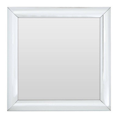 Square mirror with a silver frame on a white background