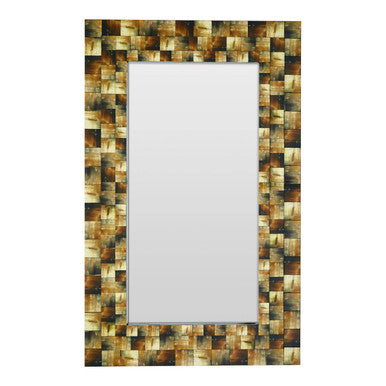 Rectangular mirror with a mosaic frame in brown and gold colors on a white background
