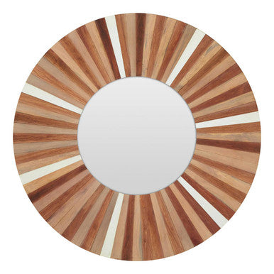 Round mirror with wooden slat frame on a white background