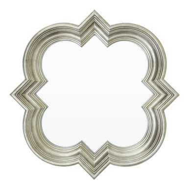 Decorative silver frame with a quatrefoil design on a white background