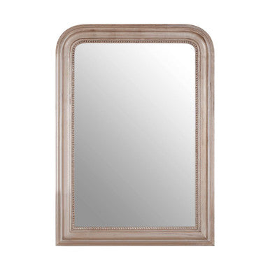 Rectangular mirror with a decorative beige frame on a white background