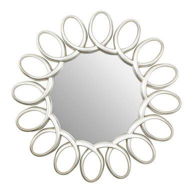 Decorative round mirror with a white, leaf-like frame on a white background