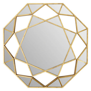 Geometric gold-framed mirror on a white background