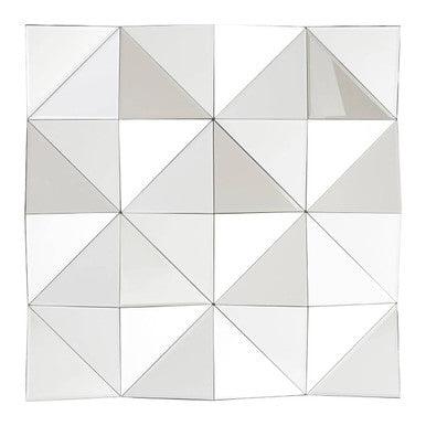 Geometric wall art with triangular mirrors on a white background