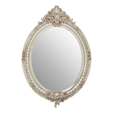 Decorative oval mirror with intricate white frame on a white background