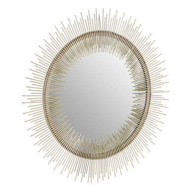 Round mirror with a gold sunburst frame on a white background