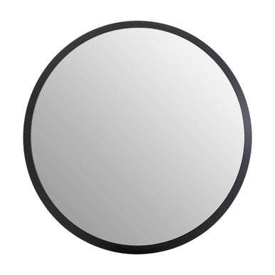 Round mirror with a black frame on a white background