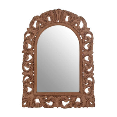 Decorative mirror with intricate brown frame on a white background