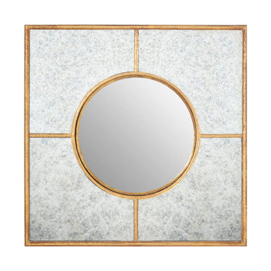 Decorative wall mirror with gold frame and grid pattern on a white background