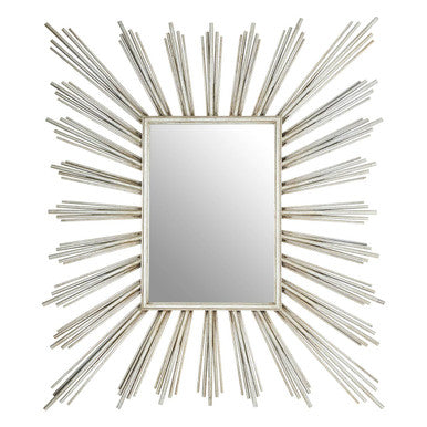 Decorative wall mirror with sunburst design on a white background