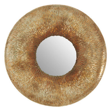 Round mirror with a textured gold frame on a white background