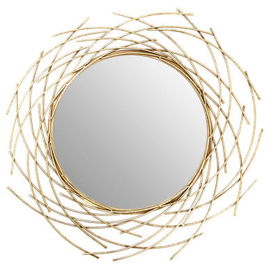 Decorative round mirror with gold wire frame on a white background
