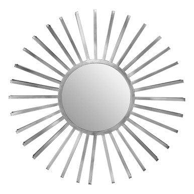 Round mirror with sunburst frame on a white background