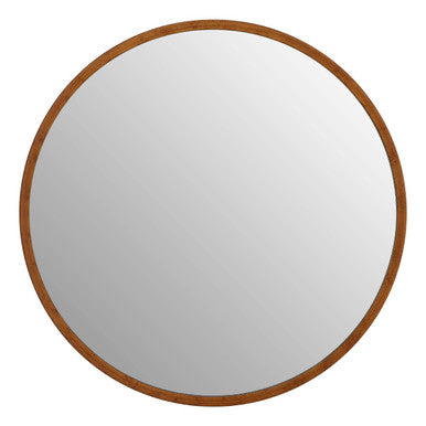 Round mirror with a wooden frame on a white background